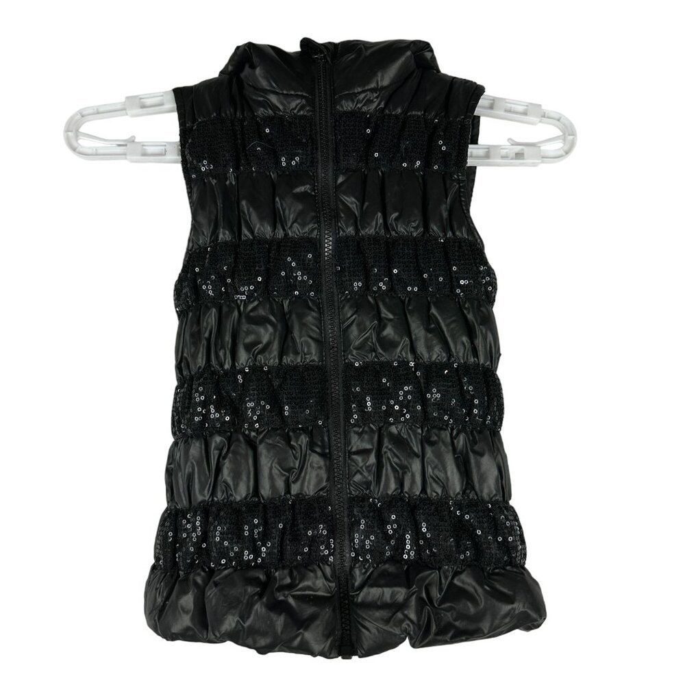 Heart 'n Crush Black Sequin Girls' Puffer Vest With Hood Size S